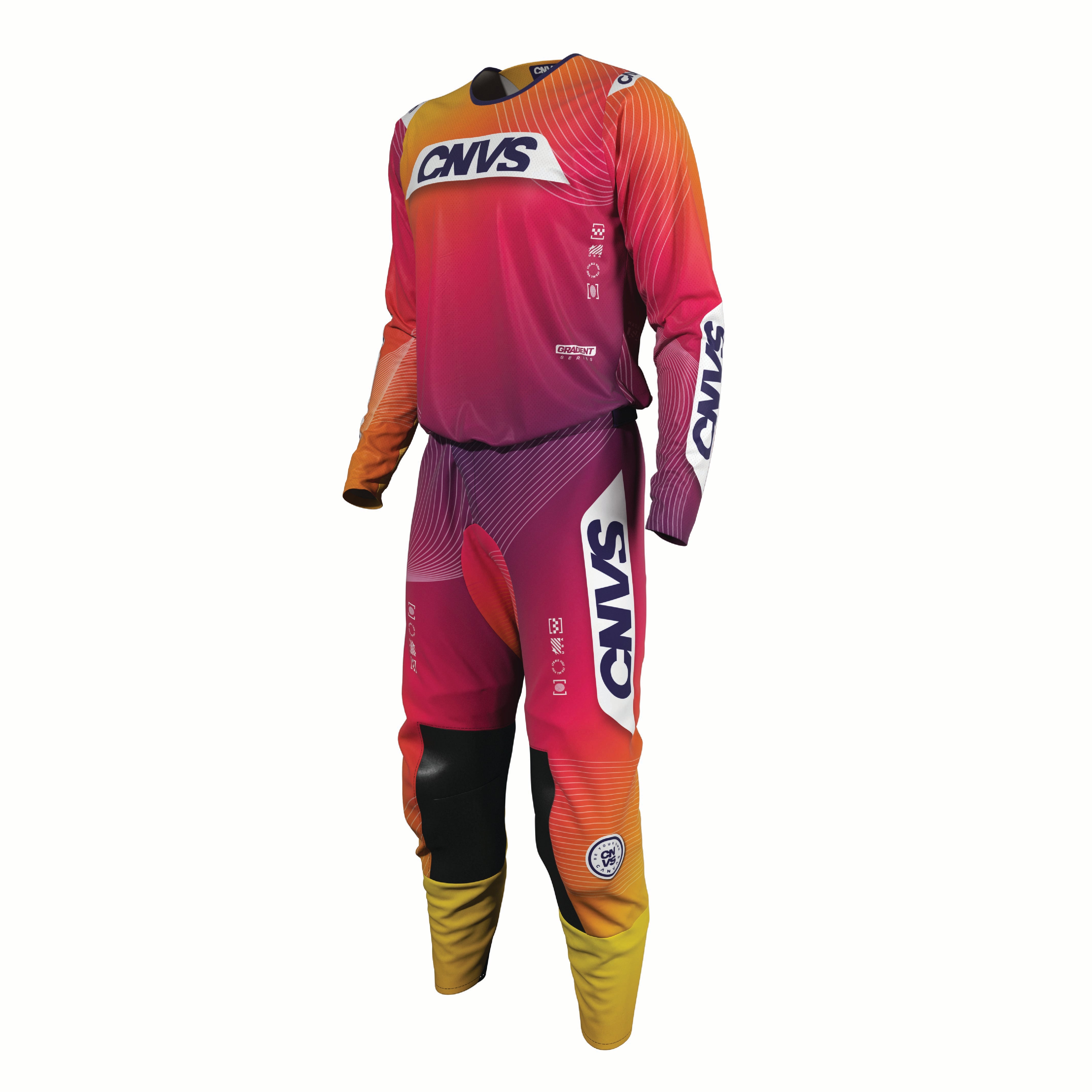 Colorful motocross outfit with 'CNVS' branding.