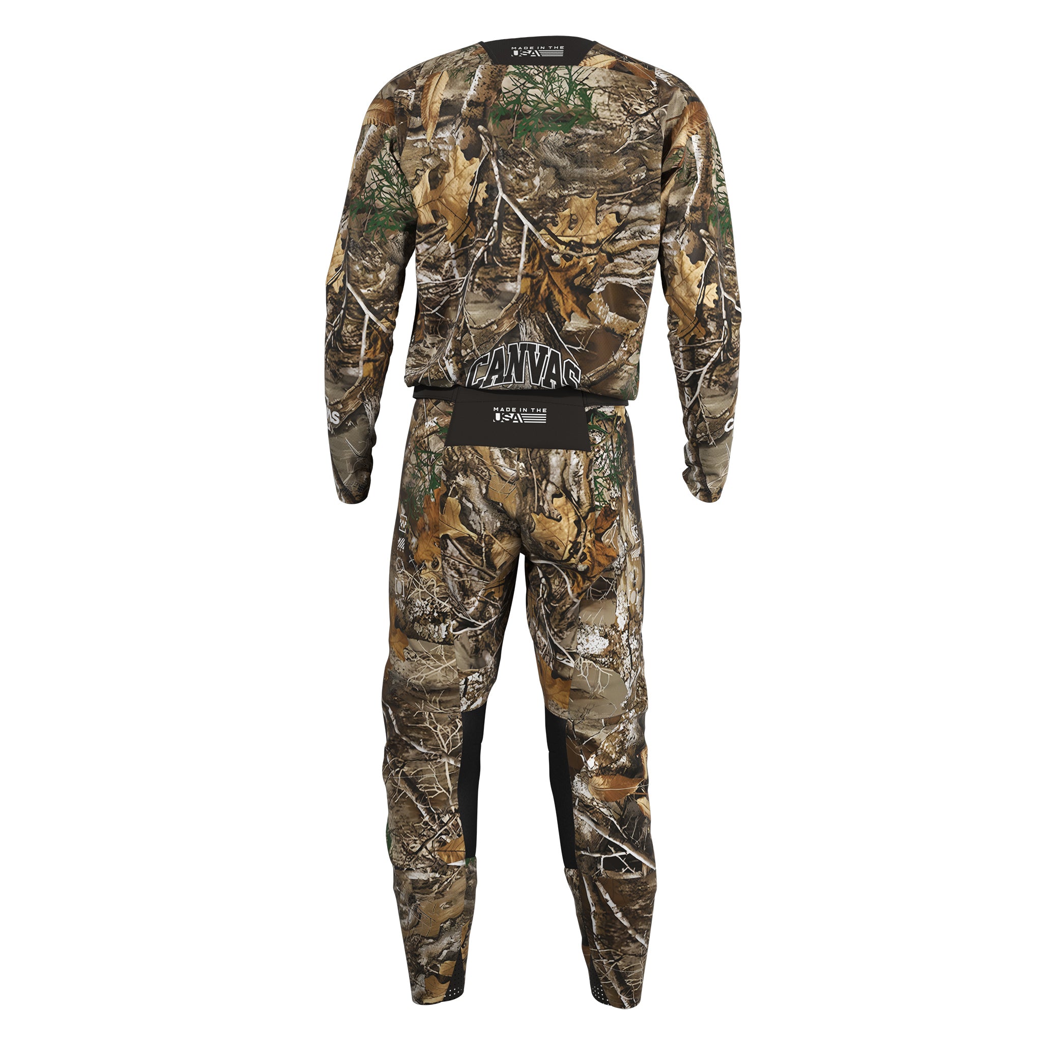 Real Tree camouflage Motocross gear with black lettering back view.