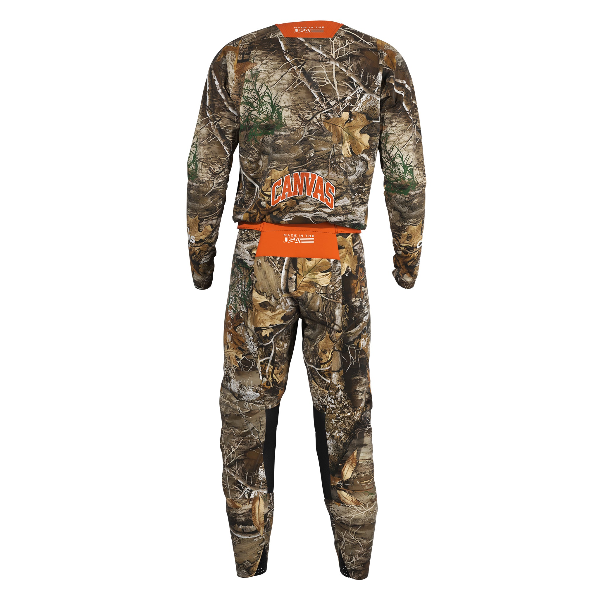 Real Tree camouflage Motocross gear with orange lettering back view