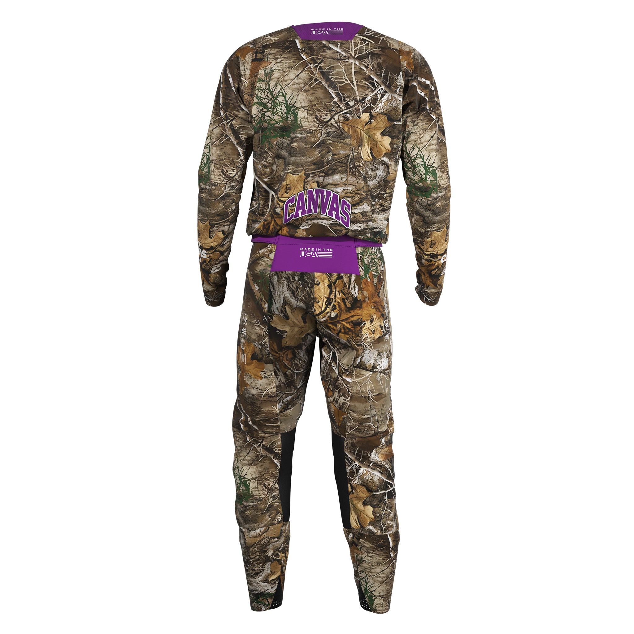 Real Tree camouflage Motocross gear with purple lettering back view