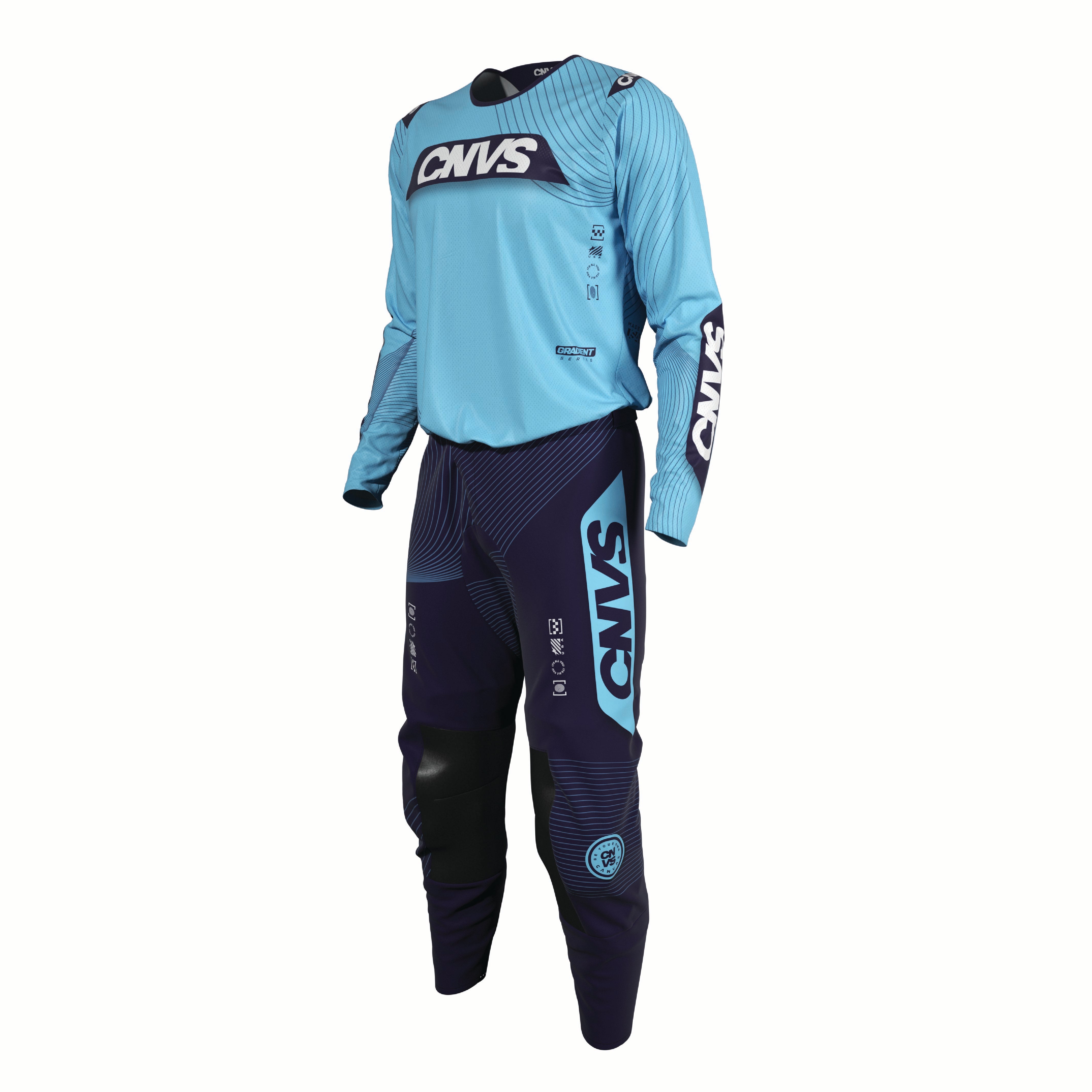 Light blue and black motocross outfit with 'CNVS' branding.
