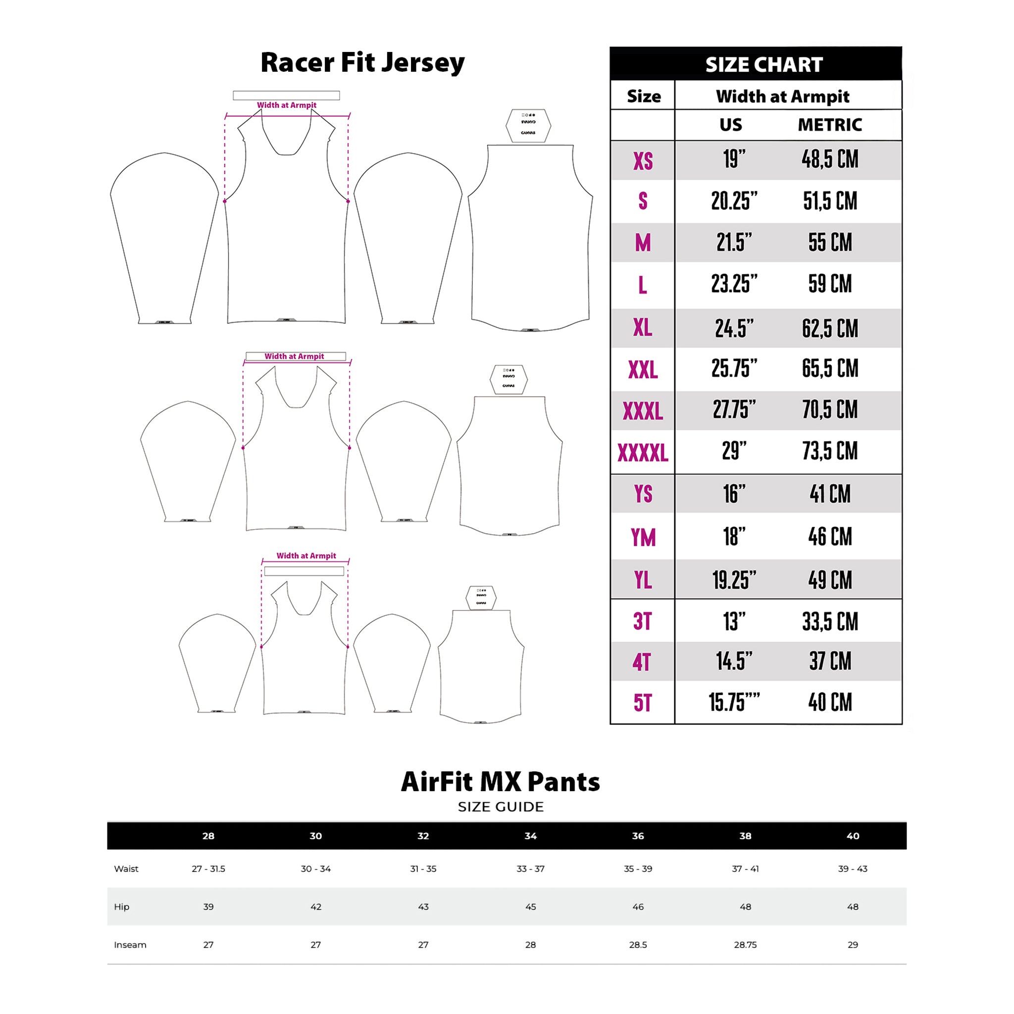 Size chart for Racer Fit Jersey and AirFit MX Pants with measurements in inches and centimeters.