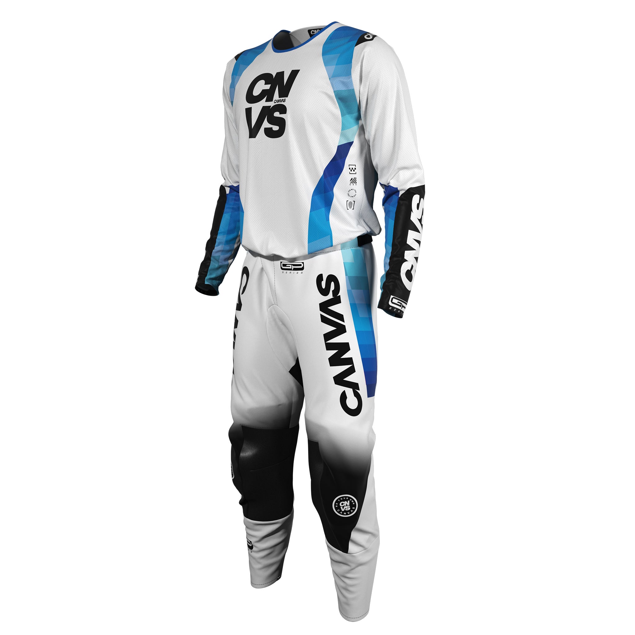 Canvas MX motocross GP Series outfit with a Blue design on mostly white gear called Aqua.