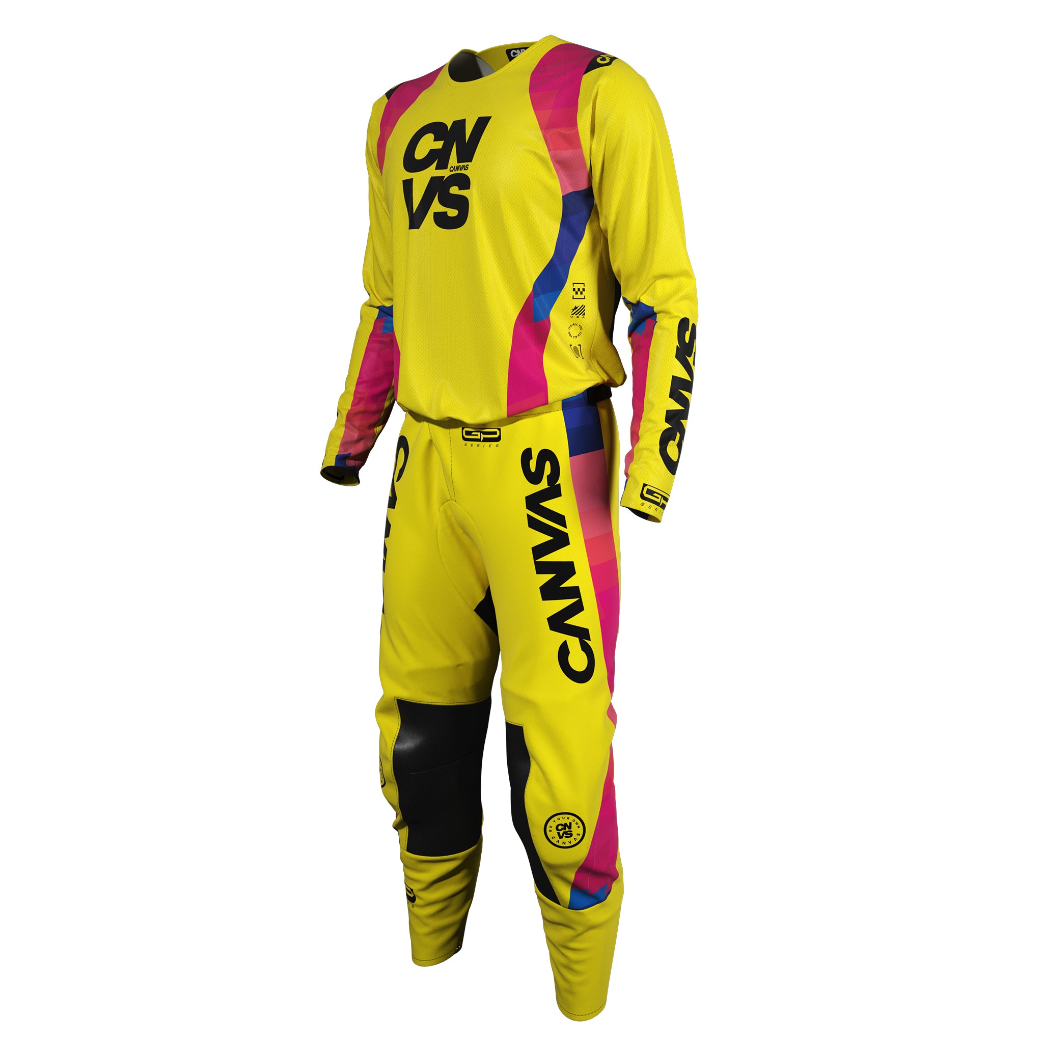 Canvas MX motocross GP Series outfit with a mostly yellow colorful design called Flo.
