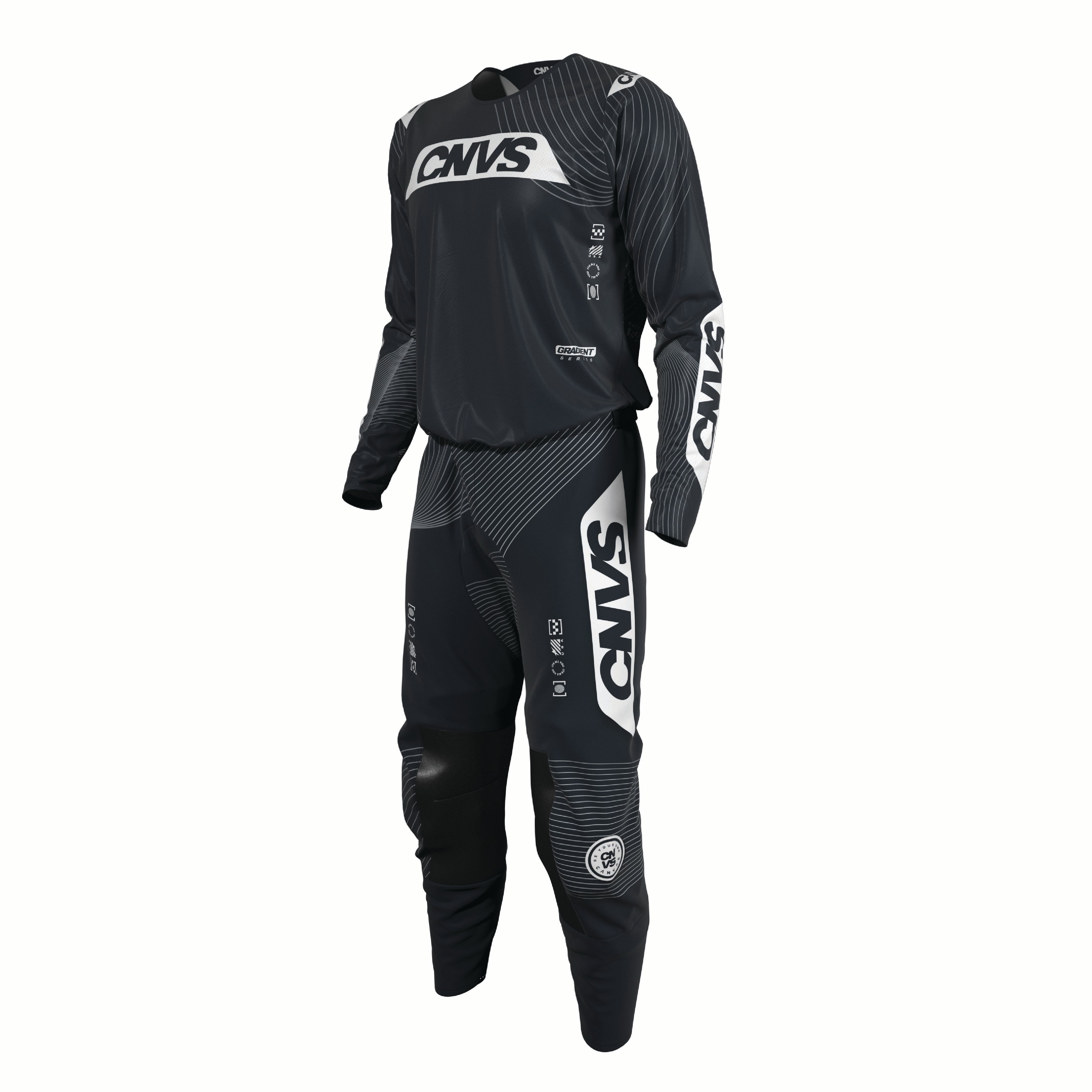 Black motocross suit with white branding on a white background