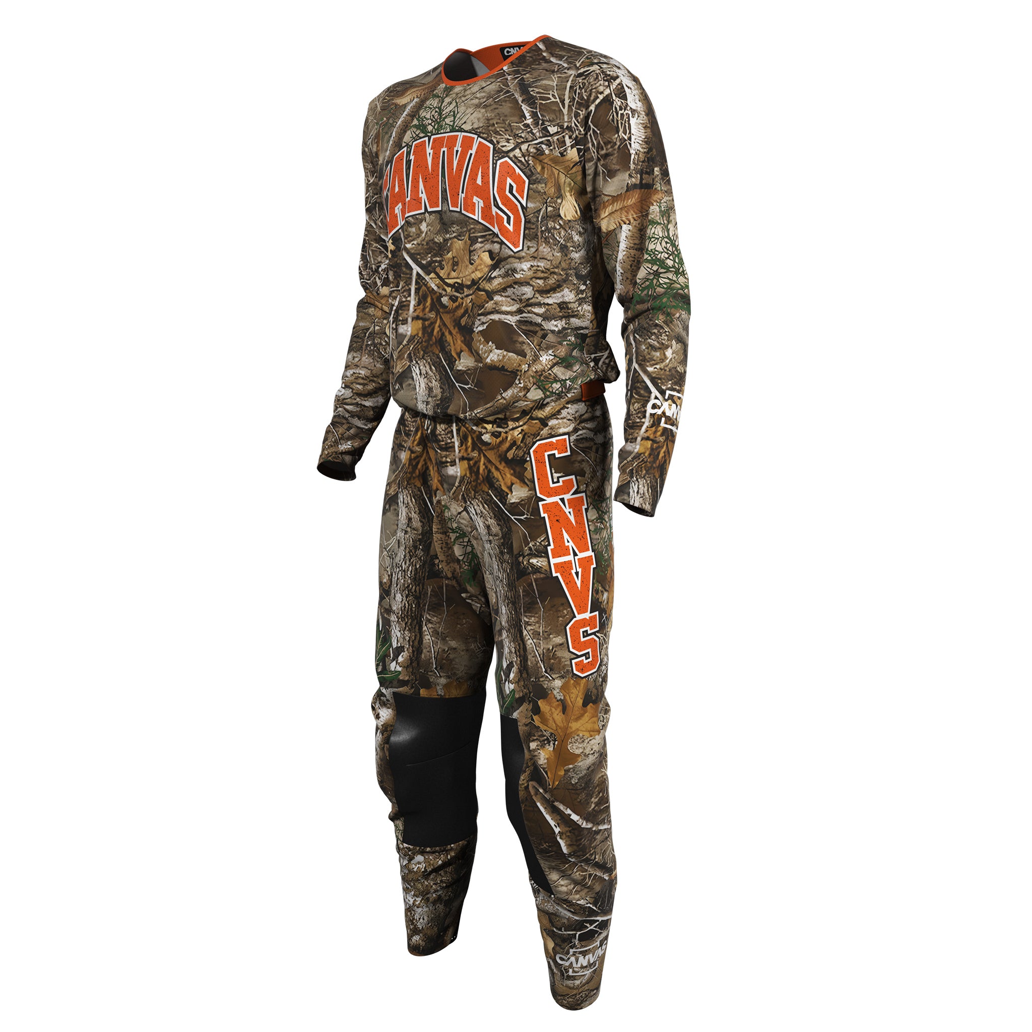 Real Tree camouflage Motocross gear with orange lettering