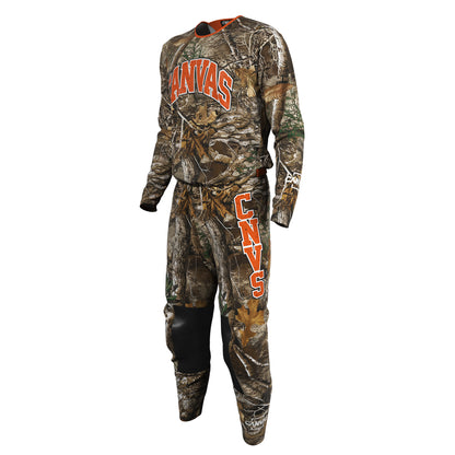 Real Tree camouflage Motocross gear with orange lettering