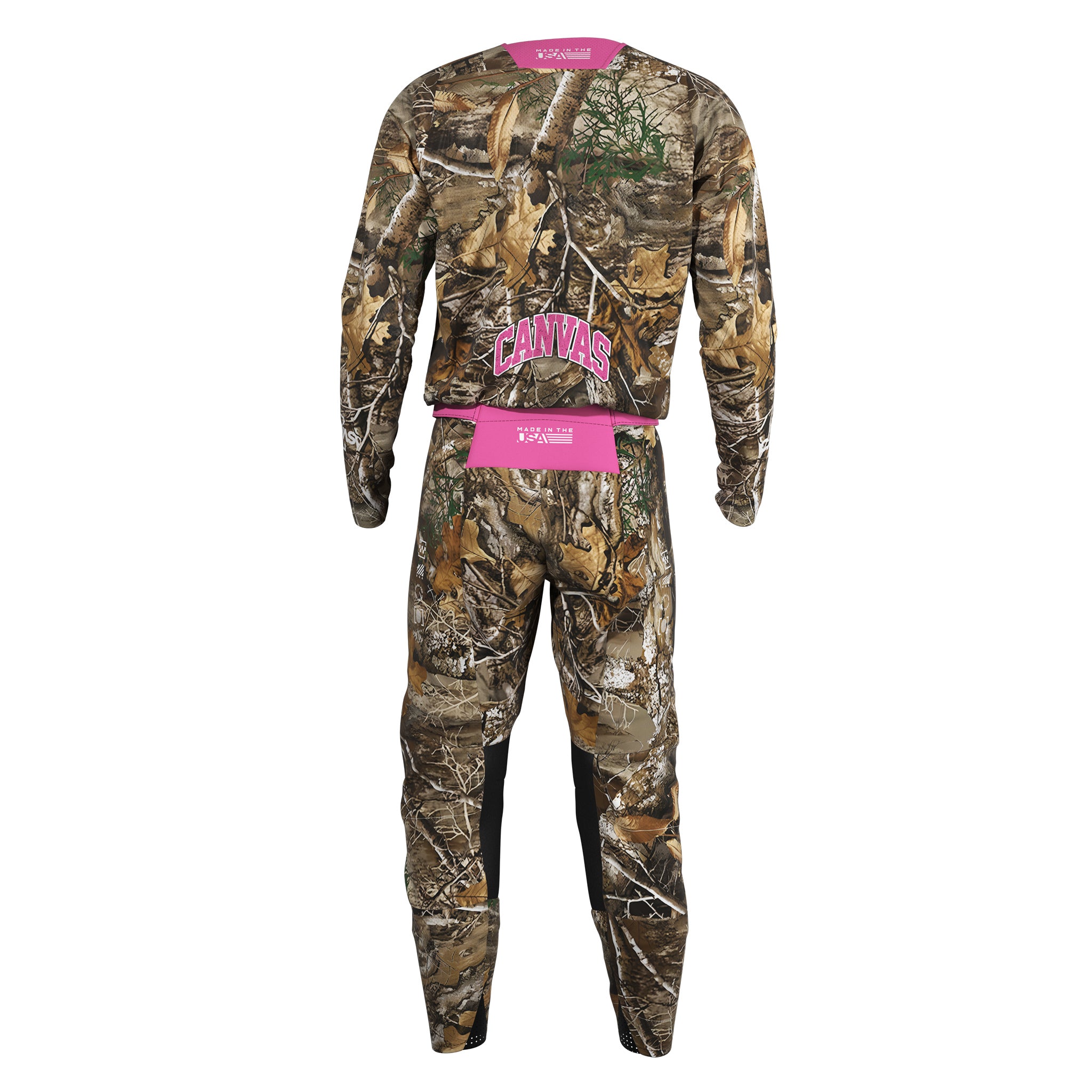 Real Tree camouflage Motocross gear with pink lettering back view