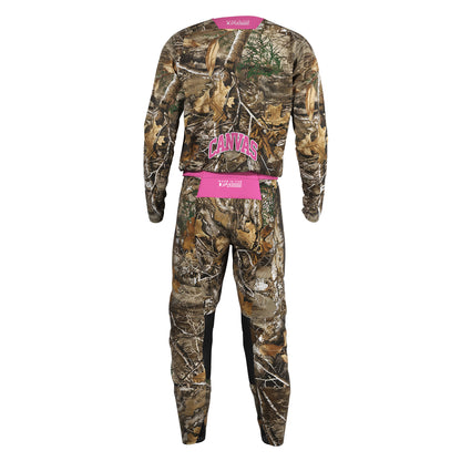 Real Tree camouflage Motocross gear with pink lettering back view