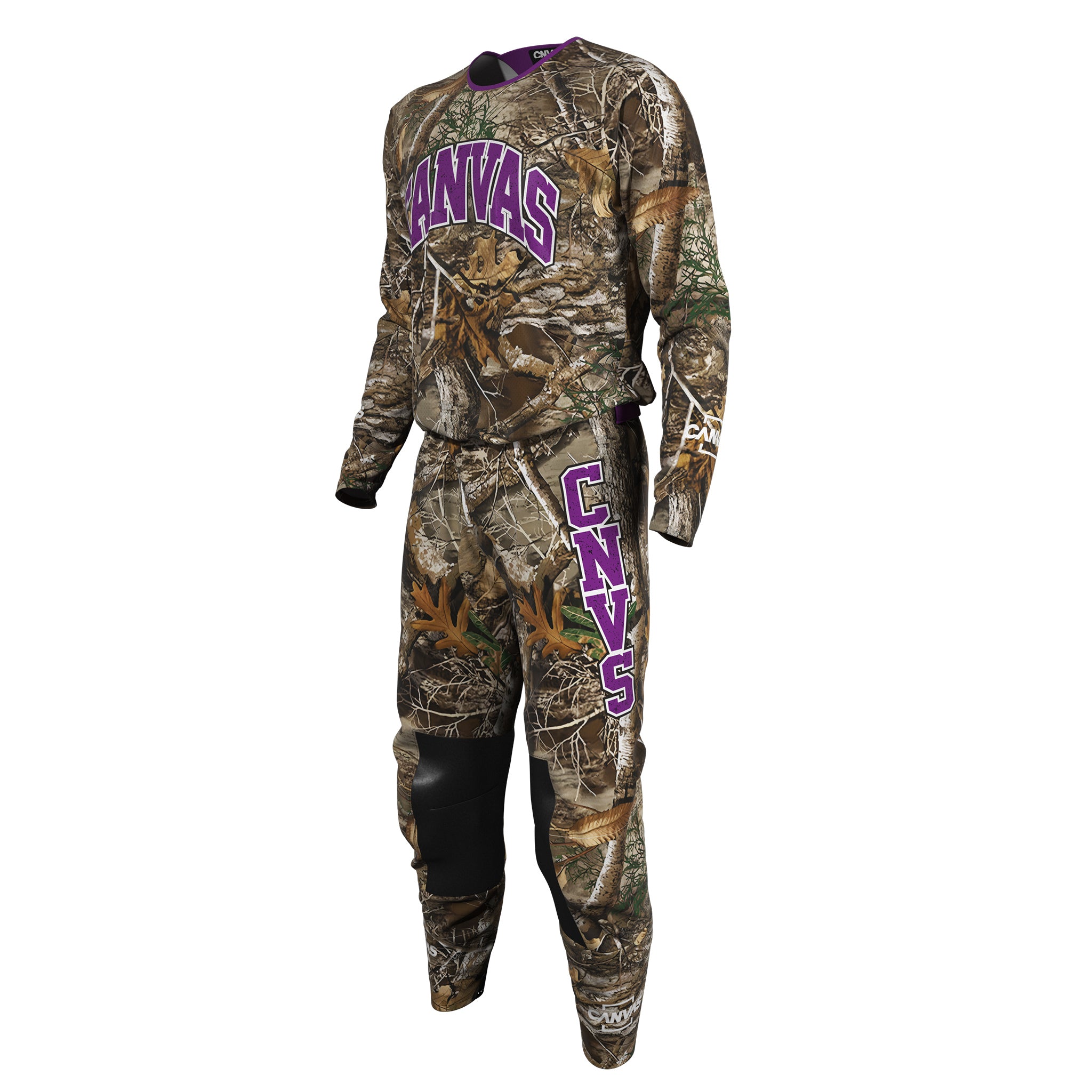 Real Tree camouflage Motocross gear with purple lettering