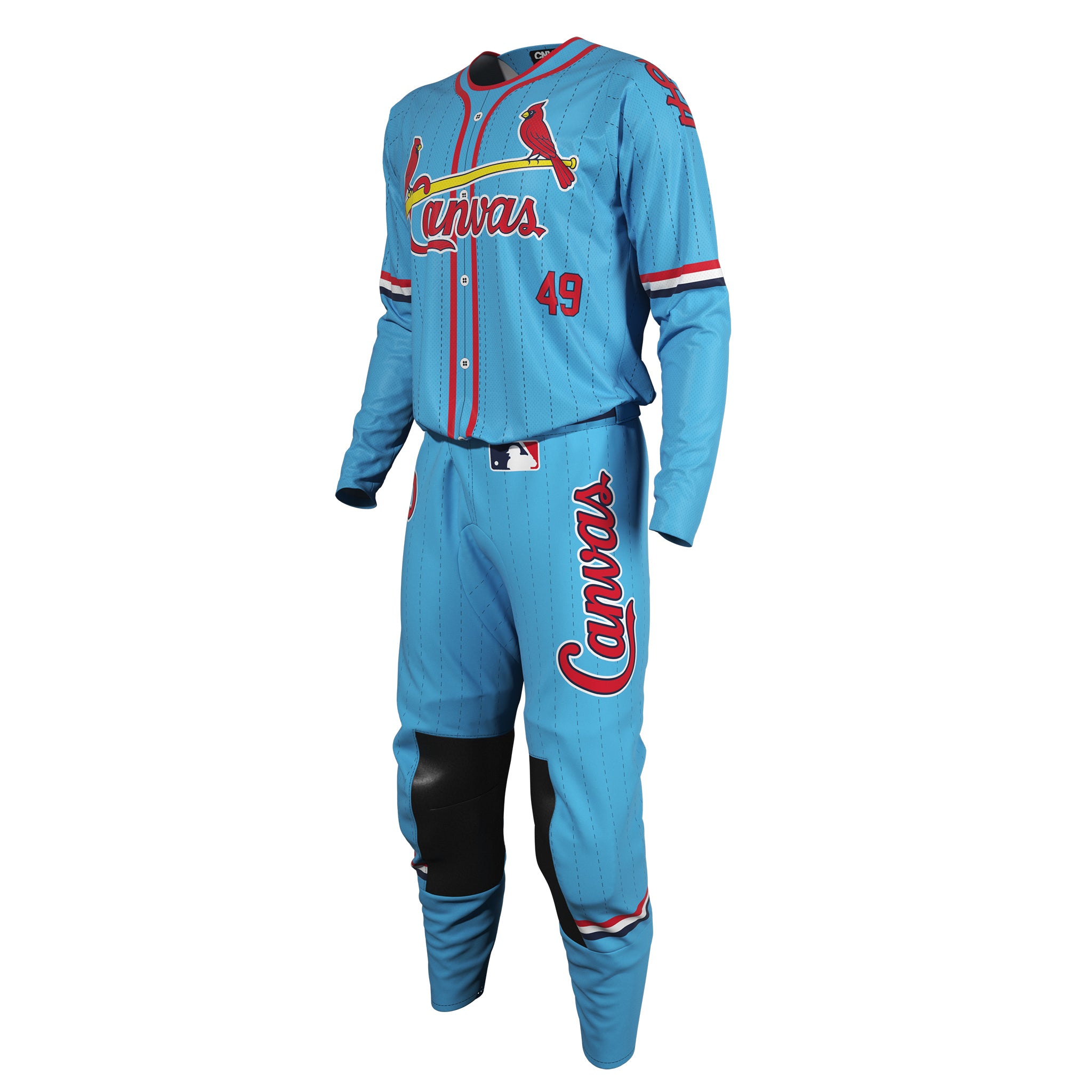 Custom Motocross Gear that is a blue baseball uniform with jersey and pants featuring red and black details like the St Louis Cardinals.