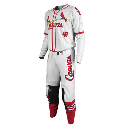 Custom Motocross Gear that is a baseball uniform with white jersey and pants featuring red and black details on a white background